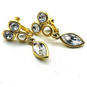 Napier Signed Rhinestone Earrings Gold Tone Faux Pearl Glam Bling Sparkle Party